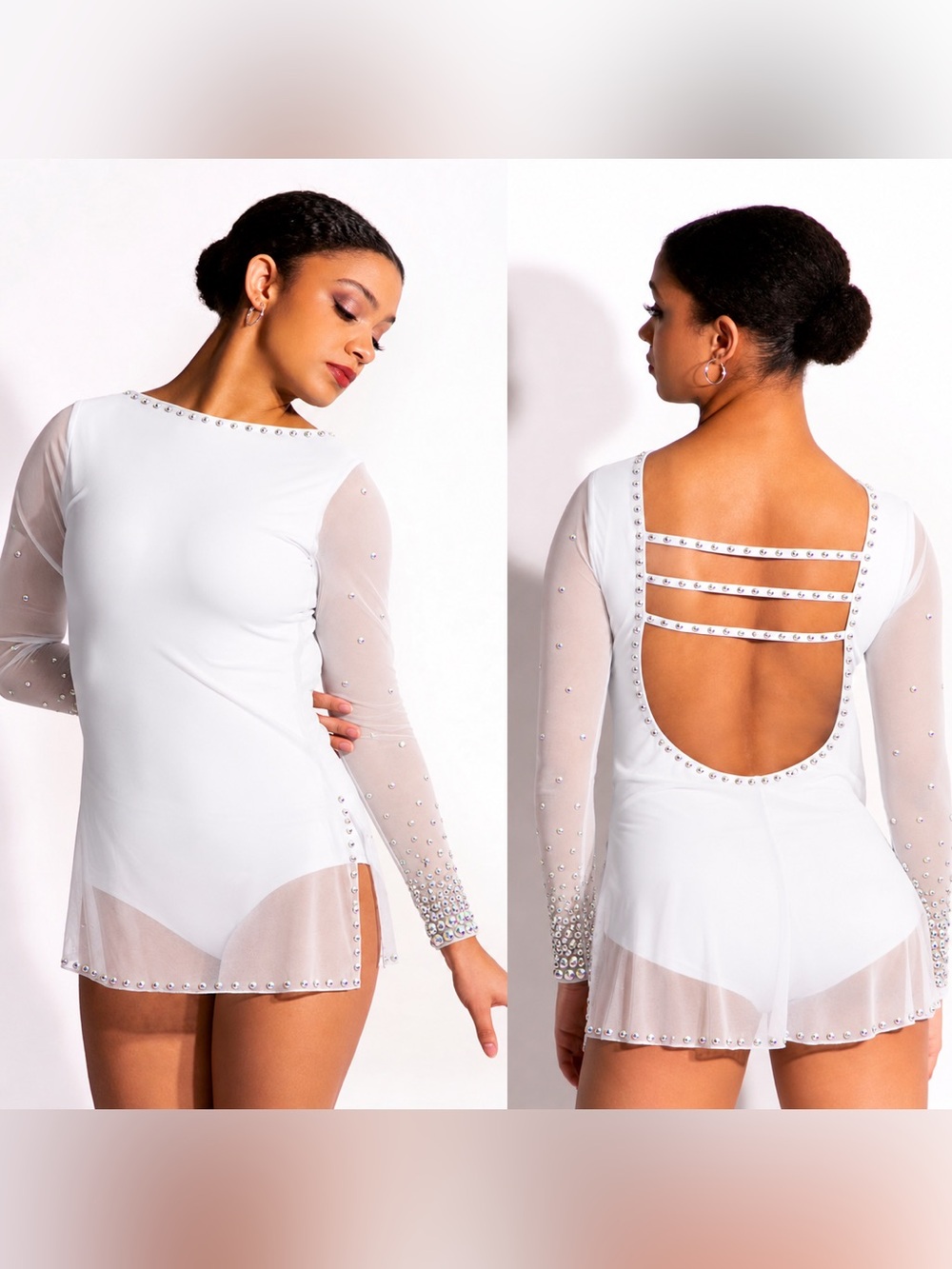 The Lineup Dance Solo custom white Costume rhinestones SELAH MESH DRESS MA adlt